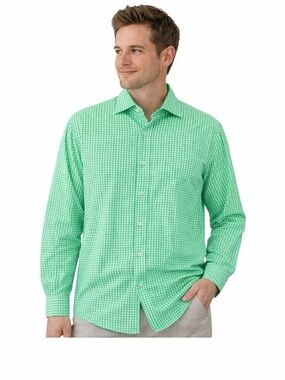 Bugatchi Green Gingham Button Down Shirt Mens XL Shaped Fit Stretch Dress Casual